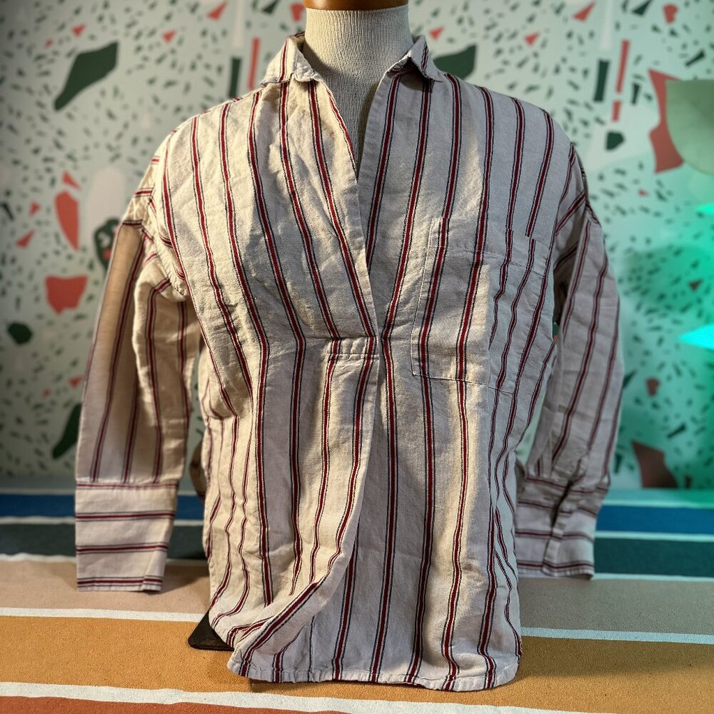 Minelal Hemp Striped Long Sleeve Blouse Cream Japan Minimalist Streetwear